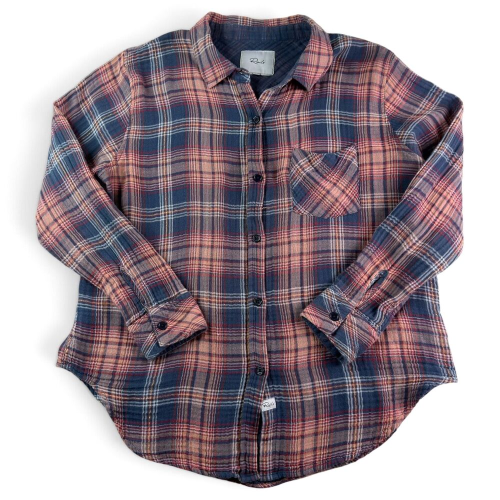rails plaid shirt button up boyfriend cotton small navy sunset relaxed